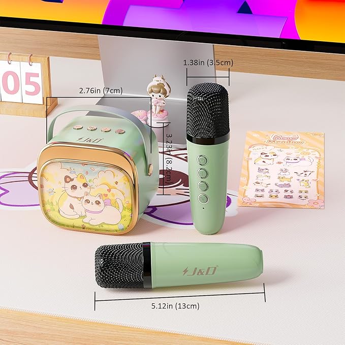 J&D Mini Karaoke Machine for Kids Adults, Portable Bluetooth Speaker with 2 Wireless Mics and Cat Sticker for Girls Boys Age 3–10 Birthday Gifts Princess Toys, Colorful LED, Green-CubbioJoy