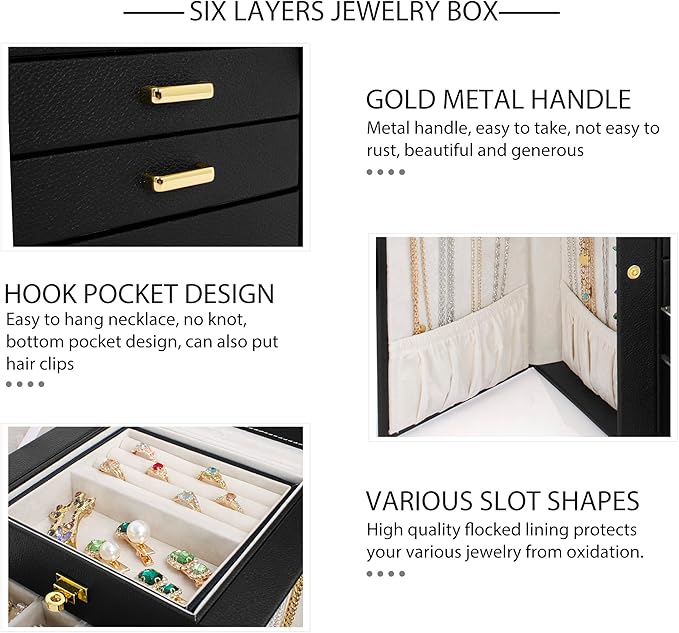 AKOZLIN Jewelry Box Organizer Functional Leather Jewelry Storage Case for Women Girls Ring Necklace Earring Bracelet Holder Organizer with Mirror Black-CubbioJoy