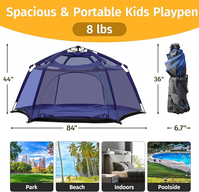 Alvantor Baby Playpen Play Yard 84"x84"x44”Large Kids Tents Pop Up Play Tent Indoor Outdoor Playhouse for Babies Toddlers Children Camping Playground Beach, 36-96 Months, Navy-CubbioJoy