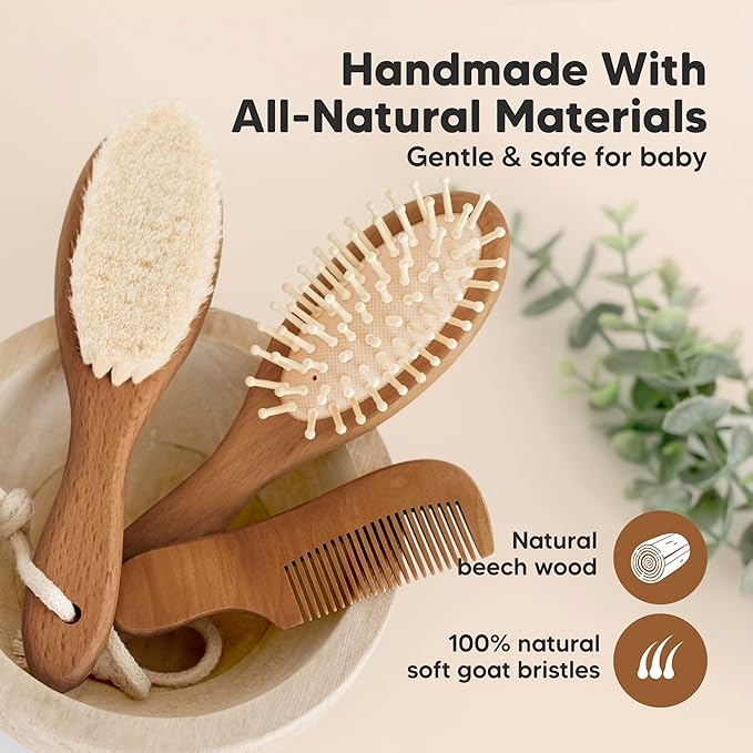 Baby Hair Brush and Comb Set for Newborn - Wooden Baby Hair Brush Set with Soft Goat Bristle, Baby Brush Set for Newborns,Baby Brush and Comb Set Girl, Boy,Toddler Cradle Cap Brush (Oval, Dark Walnut)-CubbioJoy
