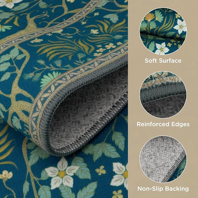 Joydeco Washable 2x6 Rug Runners for Hallways Non Slip, Boho Floral Bathroom Rug Runner, Soft Botanical Forest Indoor Floor Throw Carpet for Kitchen Laundry Room Entryway, Dark Blue-CubbioJoy