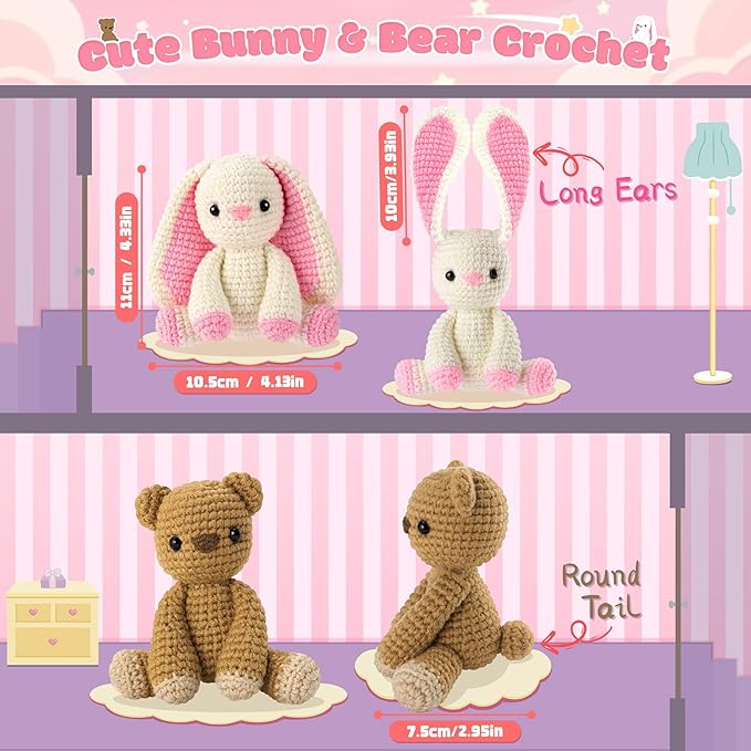 Crochet Kit for Beginners, Bunny and Bear Crochet Animal Kit with Step-by-Step Video Tutorials, Crocheting Kit for Starters, Beginner Crochet Kit for Kids and Adults, DIY Stuffed Animal Knitting Kit-CubbioJoy