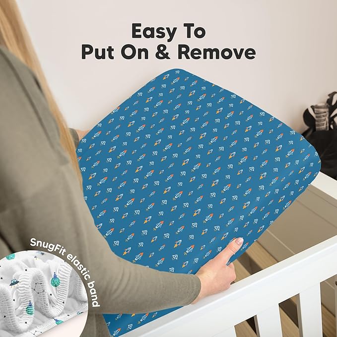 KeaBabies 2-Pack Organic Crib Sheets for Boys, Girls - 52x28 Fitted Crib Mattress Sheet Neutral, Breathable Jersey Cotton Cover for Baby Bed, Toddler Mattress, Soft & Cute Prints (Space Quest)-CubbioJoy