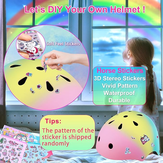 Kids Bike Helmet with DIY Stickers and Knee Pads Elbow Pads Wrist Guard Set for Ages 3-8-14 Toddler Boys Girls Helmet for Roller Skates Cycling Skateboarding Bicycle Scooter-CubbioJoy