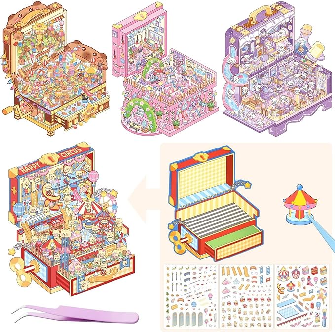 4 Sets DIY 3D Stickers Scene for Adults Teen Girls, Large 3D House Sticker Therapy Cute Cartoon Animal Scenes Sticker, Make Your Own Mini Room Scenes，Relief Stress Pass The Time Birthday Gift-CubbioJoy