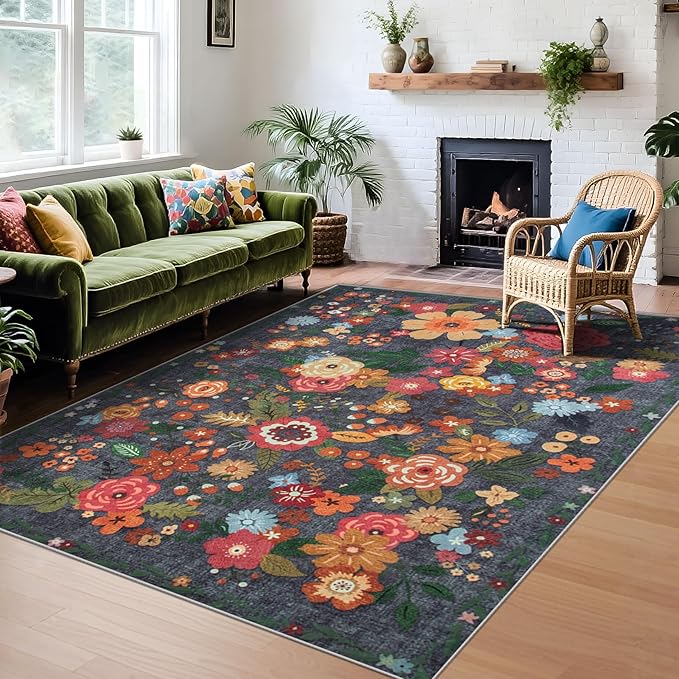 Area Rug Living Room Rugs: 6x9 Washable Rug Vintage Floral Soft Boho Non Slip Carpet Indoor Floor Non Shedding Low Pile Thin Carpets for Bedroom Dining Room Farmhouse Nursery Home Office Black-CubbioJoy