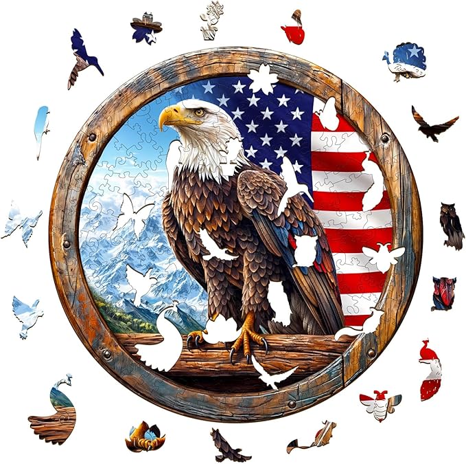 KAAYEE Wooden Puzzles for Adults, 3D Vision Effect Bald Eagle Wooden Jigsaw Puzzle Unique Shape Wood Puzzle Adult, 3D Effect Flat Puzzle Birthday Gifts Family Game (L-13.4 * 13.4in-300pcs)-CubbioJoy