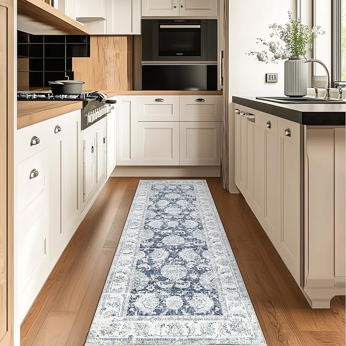 jinchan Runner Rug 2x6 Machine Washable Hallway Rug Dark Blue Vintage Floral Print Non-Slip Low Pile Ultra-Thin for Kitchen,Entryway,Laundry Room,Bedroom,Farmhouse (2‘x6’,Dark Blue)-CubbioJoy