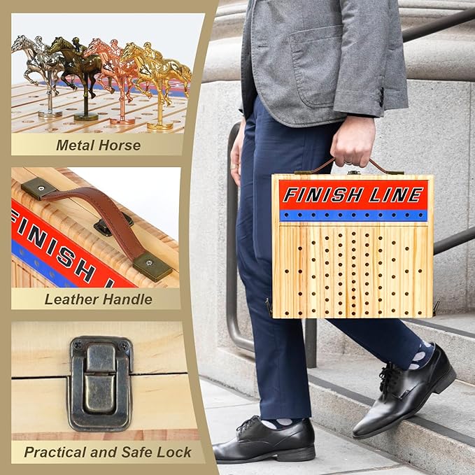 21 Inches Horse Racing Game, Horse Race Board Games with 11 Luxury Metal Horses,Thickened Wood Chessboard,Chips,Cards and Dice,Classic Wooden Table Top Board Games for Adults and Family-CubbioJoy