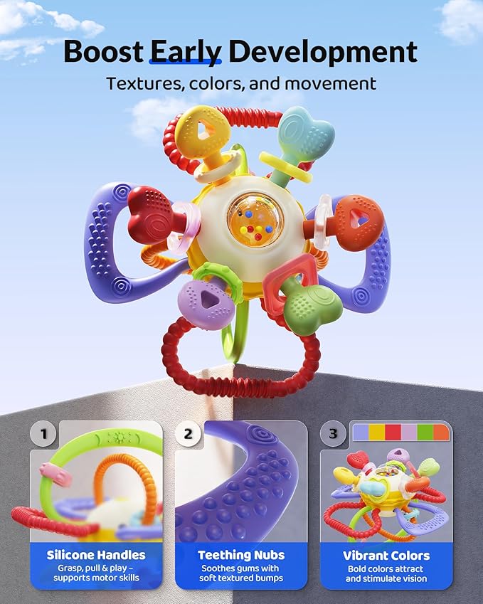 Baby Montessori Sensory Teething Toy – Safe, Multi-Functional BPA-Free Silicone Teether Toy for Babies 0-12 Months – Vibrant Rattle for Teething Relief & Fun Play – Perfect Baby Toys for Boys & Girls-CubbioJoy