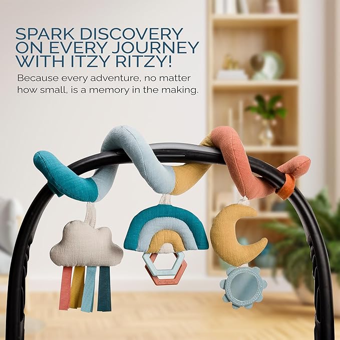 Itzy Ritzy Spiral Car Seat & Stroller Activity Toy - Stroller & Car Seat Toys for Ages 0 Months and Up - Hanging Toys Include Clinking Rings, Mirror and Textured Ribbons (Rainbow)-CubbioJoy