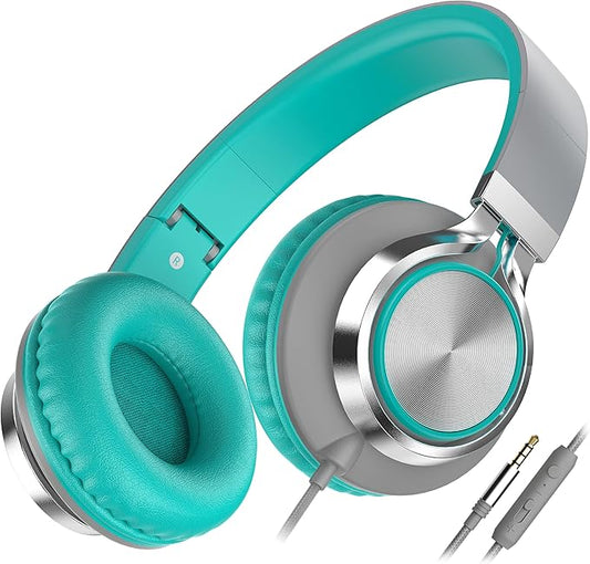 AILIHEN C8 Wired Headphones with Microphone and Volume Control Folding Lightweight Corded Headset for Cellphones Tablets Chromebook Phones Smartphones Laptop Computer PC Mp3/4 (Grey/Mint)-CubbioJoy