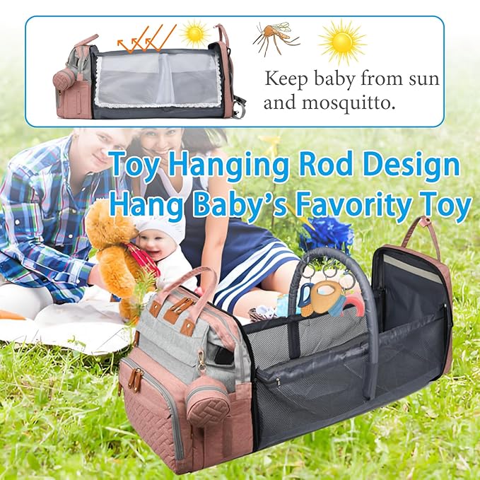 Jeryswet Baby Diaper Bags with Changing Station, Waterproof Large Capacity Diaper Bag Backpack for Moms Dads with USB Charging Port and Stroller Straps, Baby Shower Gifts, Pink-Grey-CubbioJoy