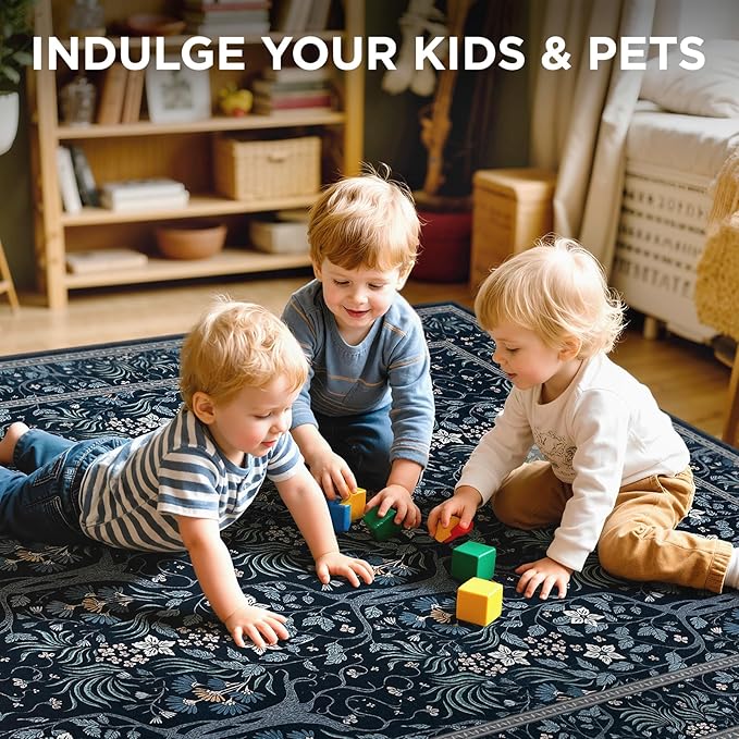 Joydeco Machine Washable Area Rugs 5x7, Boho Floral Rug for Bedroom Non Slip, Soft Forest Botanical Low-Pile Floor Indoor Throw Carpet for Living Dining Room Dorm Office, Blue-Black-CubbioJoy