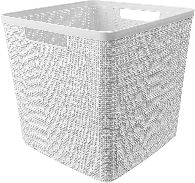 Curver Jute Decorative Plastic Organization and Storage Basket Perfect Bins for Home Office, Closet Shelves, Kitchen Pantry and All Bedroom Essentials, White, Large Cube, Set of 4-CubbioJoy