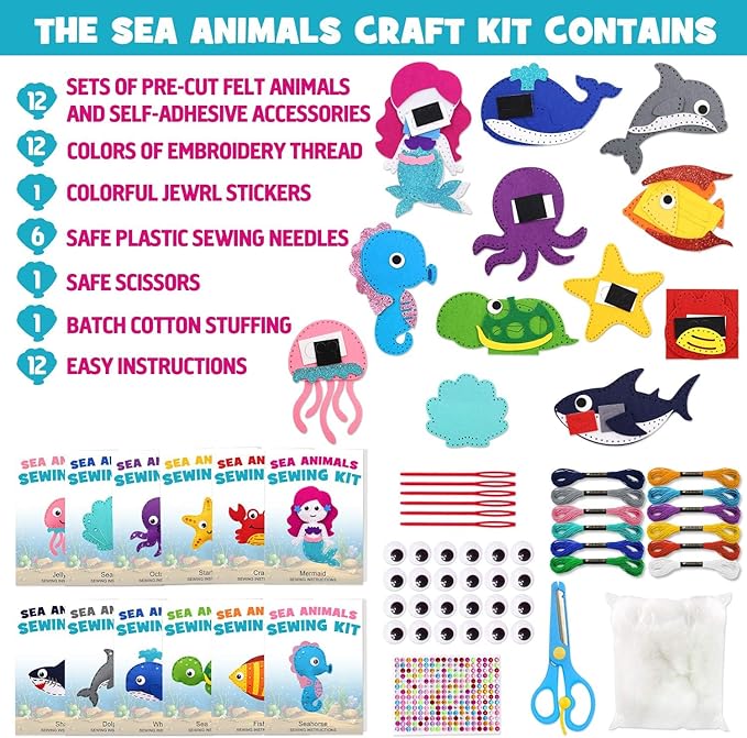 CiyvoLyeen Sea Animals Sewing Kit Mermaid DIY Felt Plush Craft Kit Make Your Own Ocean Animals Gifts for Beginner Boys and Girls Educational Kids Art Craft Supplies Set of 12-CubbioJoy