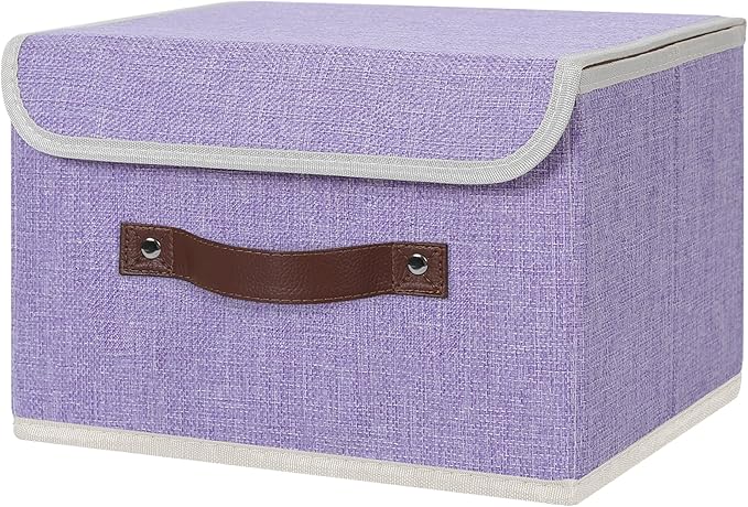 ANMINY Storage Bin with Lid Storage Boxes with PU Leather Handles PP Plastic Board Decorative Foldable Lidded Cotton Linen Fabric Home Cubes Baskets Closet Organizer Container - Purple, Small Size-CubbioJoy