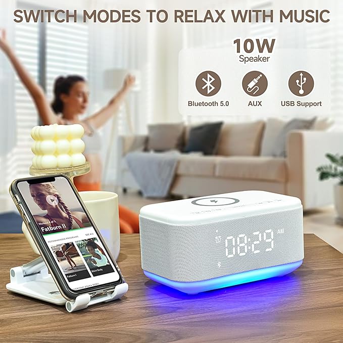 Alarm Clock Speaker Wireless Charger, Digital Alarm Clocks Bedrooms Bluetooth, Alarm Clock Dimmable Light Bedrooms Dual Alarm Snooze Dimmer 12 24H RGB Night Light Bluetooth USB AUX, White-CubbioJoy