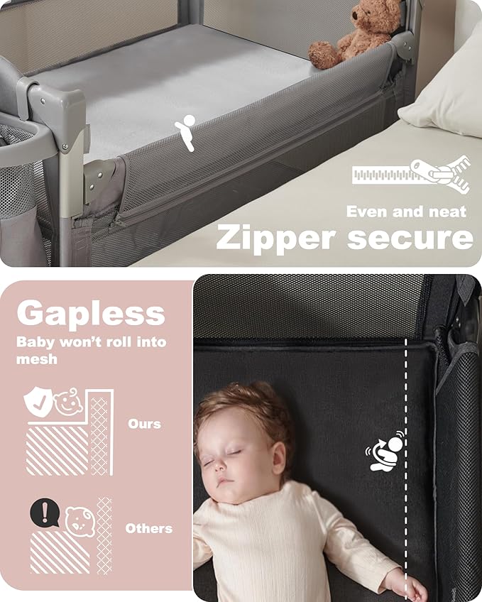 AirClub 4 in 1 Baby Bassinet Bedside Sleeper, 4 Functions Crib, Playard, Portable Changing Table, Bassinet for Newborn Baby, Bedsaide Bed w/Wheels&Brakes-CubbioJoy