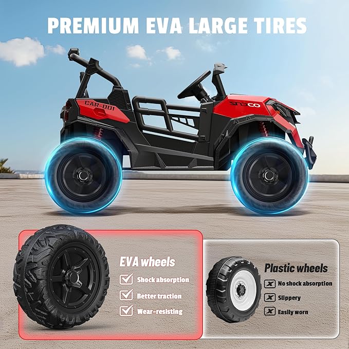 24V 2 Seater Ride on Car Truck, 4x200W, EVA Tires, 4WD/2WD, Rainbow Lights, Remote Control, Shock Absorbers, Bluetooth, Ride On UTV Toy for Kids Ages 3-8, Red-CubbioJoy
