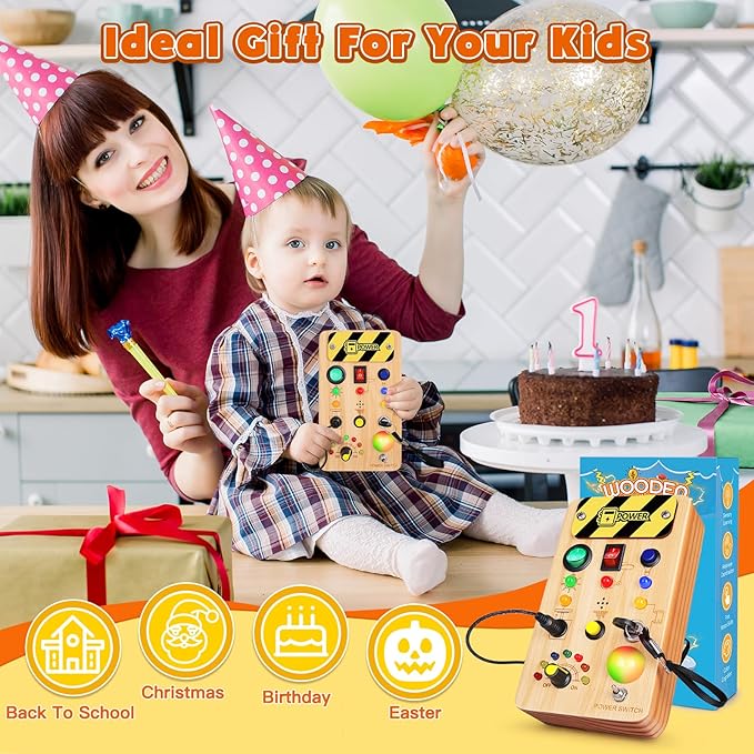 Busy Board Montessori Toys for Toddler, Wooden Sensory Board Switch Toy with Color-Changing LED Light Up Travel Toys Educational Plane Travel Activity for 1-6 Year Old Girls & Boys Gifts-CubbioJoy