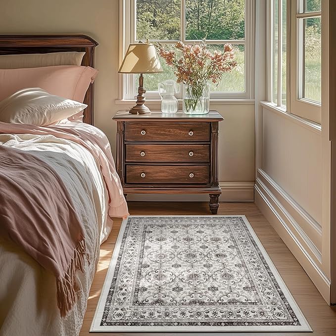 jinchan Floral 3x5 Area Rugs for Entryway - Beige Vintage Distressed Design Doormat Non-Slip Ultra-Thin Low Pile Boho Rug for Kitchen Living Room Bedroom Farmhouse (3‘x5',Beige)-CubbioJoy