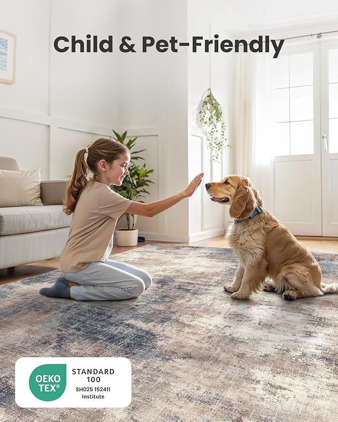 Amada 6x9 Washable Area Rug, Modern Abstract Living Room Rug with Non-Slip Backing & Short Pile, Large Rug with Abstract Pattern for Living Room, Bedroom and Dinning Room, Brown-CubbioJoy