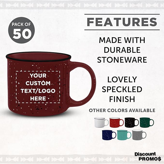 DISCOUNT PROMOS Custom Ceramic Campfire Coffee Mugs 13 oz. Set of 50, Personalized Bulk Pack - Perfect for Tea, Espresso, Cappuccino, Hot Cocoa - Maroon-CubbioJoy