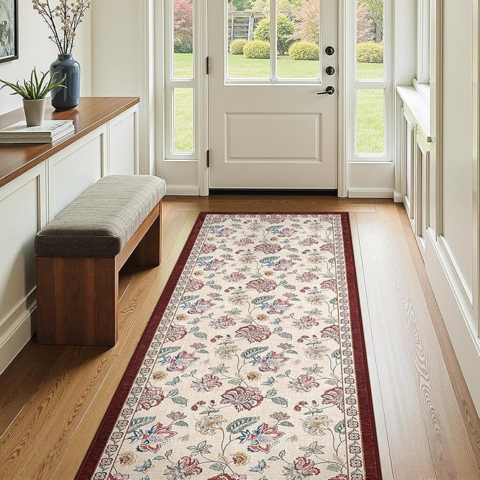 jinchan 3x10 Floral Runner Rug for Hallway Washable Kitchen Runner Vintage Romance Design Non Slip Thin Indoor Floor Cover Low-Profile Throw Carpet for Entryway Bathroom Bedroom Porch, Red/Beige-CubbioJoy