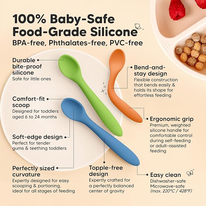 KeaBabies Silicone Baby Spoons, Self Feeding 6-12 months - 3-Pack Baby Weaning Eating Utensils, Toddler First Food Training Spoon, Infant, Kids Feeding Supplies Essential Set, Dishwasher-safe (Kea)-CubbioJoy