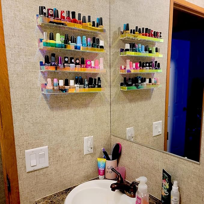 4 Pack 15 Inch Iridescent Acrylic Shelves, Clear Rainbow Floating Shelves for Wall, Modern Sunglasses Essential Oil Picture Ledge Display Toy Storage Wall Shelf-CubbioJoy