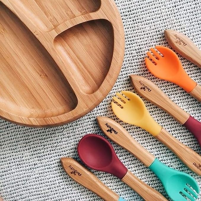 Avanchy Baby Fork Set, Bamboo and Silicone Spork Utensils, Toddler Baby Led Weaning Silverware Cutlery Flatware, Kids First Self Feeding-CubbioJoy