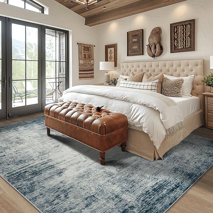 Area Rugs 8x10 Living Room Rugs: Modern Abstract Washable Rug with with Non-Slip Backing, Stain Resistant Indoor Floor Large Carpet for Bedroom Dining Room Table Nursery Hallway Home Office-Blue/Ivory-CubbioJoy