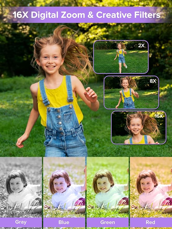 Digital Camera, Kids Camera1080P, Vlog Camera with 64GB Card, 16X Zoom Anti Shake, Card Reader, 44MP Compact Portable Small Point Shoot Digicam Gift for Kid Student Children Teen Girl Boy(Pruple)-CubbioJoy
