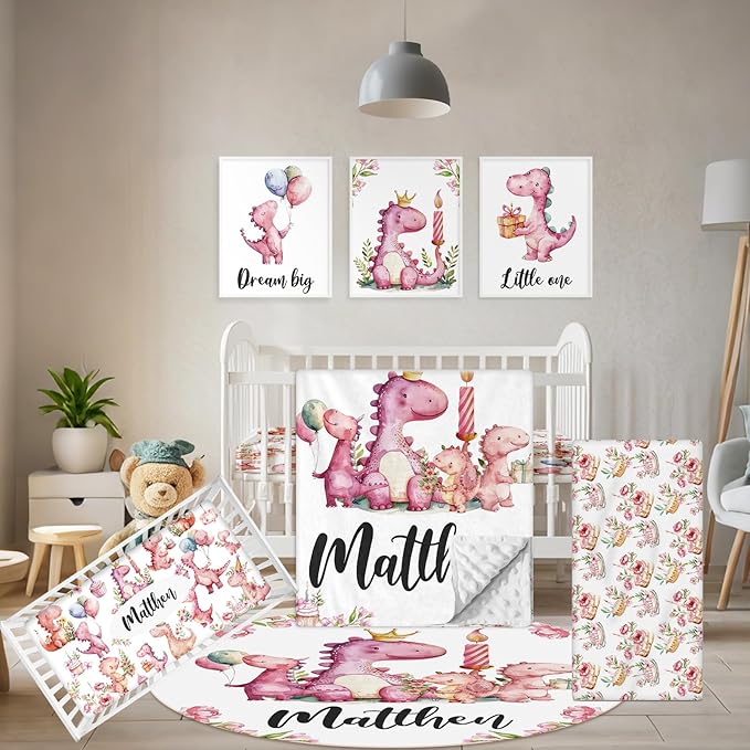 Custom Baby Crib Bedding Set - 5 Pcs Personalized Name Pink Dinosaurs Crib Set for Infants Toddlers Girls - Soft Double Layer Nursery Bedding Set - Customized Present for Birthday Baby Shower-CubbioJoy