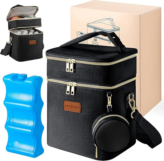 Breastmilk Cooler Bag with Ice Pack & Pacifier Case, Large Double Layer Insulated Baby Bottle Cooler Fits 6 Bottles, Breast Pump Storage Bag for Working Nursing Moms, with Gift Box-CubbioJoy