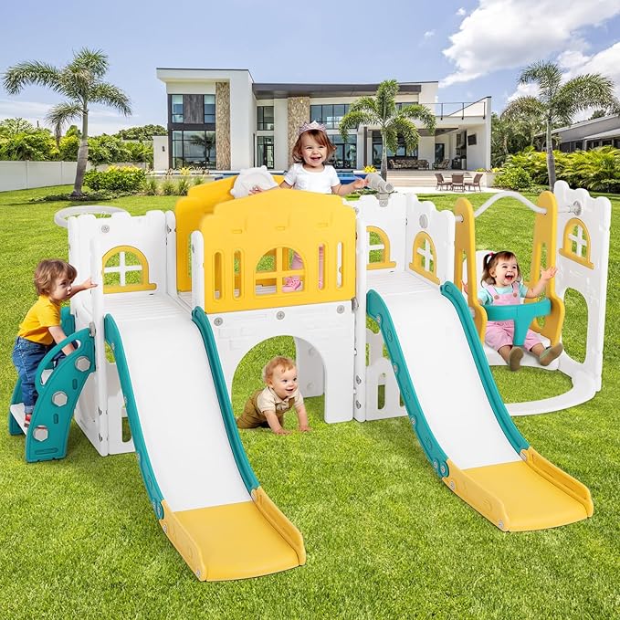 JOYLDIAS 10 in 1 Toddler Slide, Double Kid Climber Slide Playset w/Swing, Basketball Hoop, Telescope, Tunnel, Storage Space and Non-Slip Steps, Indoor Outdoor Backyard Playground Toy for Toddlers-CubbioJoy