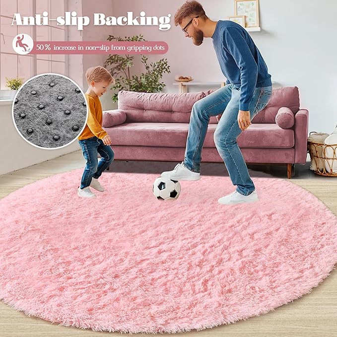 4FT Round Rug for Bedroom: Fluffy Shag Soft Washable Rugs Circle Small Fuzzy Plush Indoor Carpet for Living Room Nursery Playroom Dorm Kids Girls Boys Room (Pink, 4'x4')-CubbioJoy