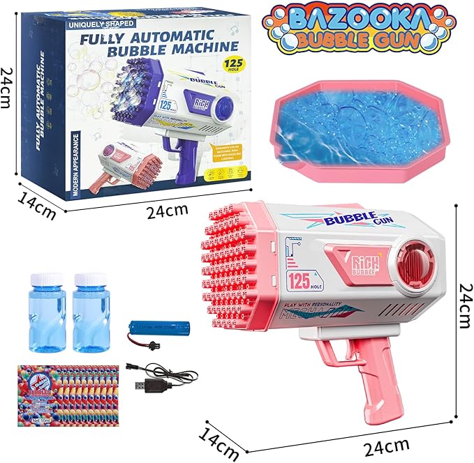 BOMOCO Bubble Gun,125 Holes Bubble Machine Bubbles for Kids Age 3-12,Bubble Blaster Gun with Bubble Solution Summer Outdoor Bubble Toys Birthday Wedding Halloween Party Favors Gifts Bubble Maker,Pink-CubbioJoy