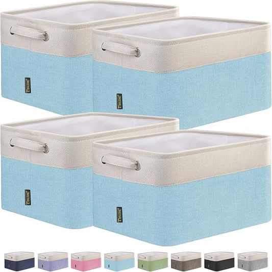 BALEINE 4 Pack Fabric Storage Bins for Shelves, Linen Storage Baskets for Organizing, Decorative Closet Bins for Clothes, Home (Skyblue, 12"x8"x8")-CubbioJoy