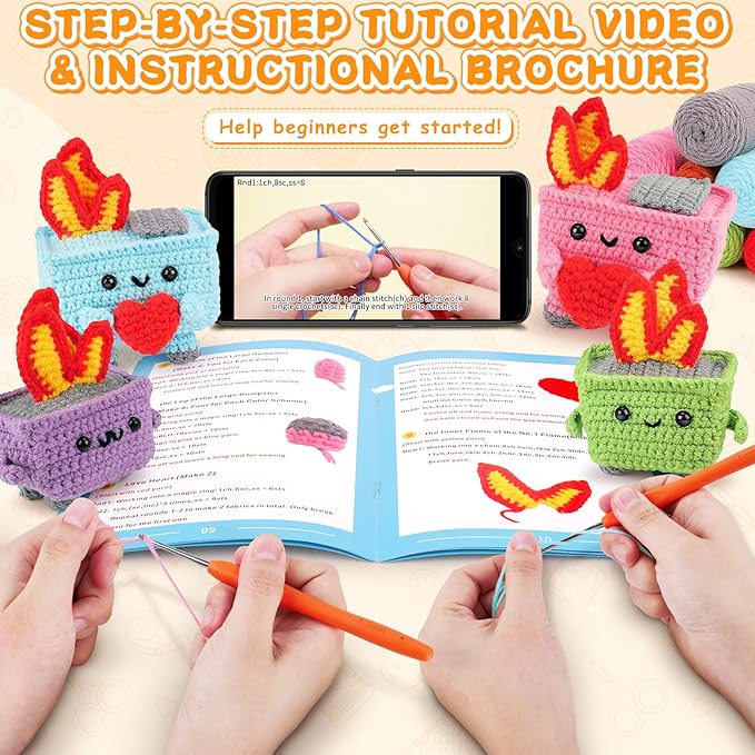 Crochet Kit for Beginners - 4PCS Dumpster Fire Complete Crochet Starter Kit with Step-by-Step Video Tutorials, Beginner Crochet Kits for Adults Kids Women, Funny Crochet Gifts-CubbioJoy