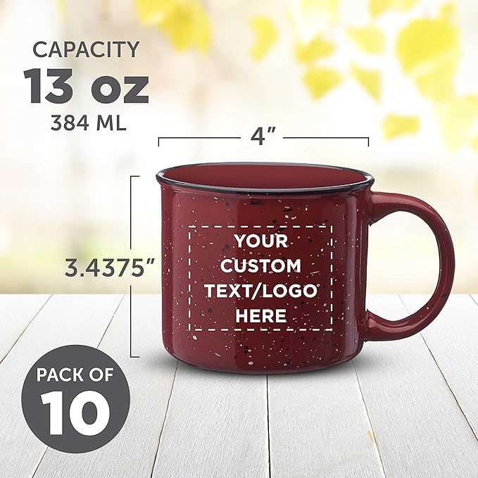 DISCOUNT PROMOS Custom Ceramic Campfire Coffee Mugs 13 oz. Set of 10, Personalized Bulk Pack - Perfect for Tea, Espresso, Cappuccino, Hot Cocoa - Maroon-CubbioJoy