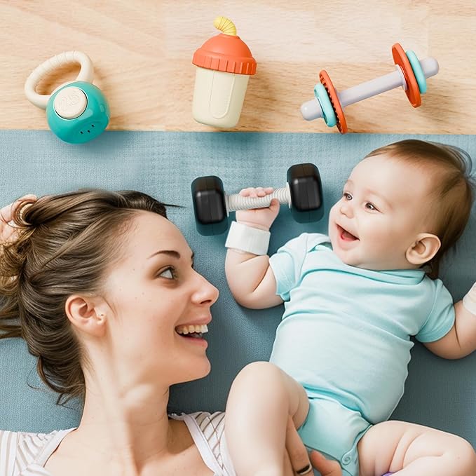iPlay, iLearn Baby First Gym Rattle Set, Infant Dumbbell Weights Teething Rattles 3-6-12 Month, Newborn Workout Sensory Stroller Toy, Babies Birthday Shower Gift 5 7 8 9 10 Month Toddler Boy Girl-4PCS-CubbioJoy