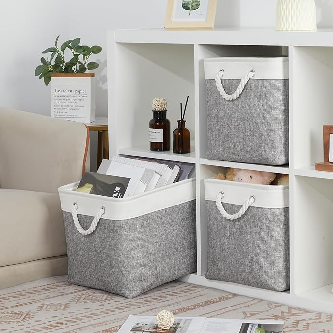 Bidtakay Large Storage Baskets for Organizing 3-Pack Fabric Closet Organizers Storage Bins with Handles 16x11.8x11.8 In Collapsible Baskets for Shelves Cloth Home Organization L-White&Grey-CubbioJoy