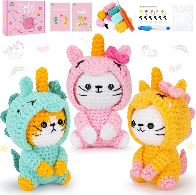 Crochet Kit for Beginners - 3 PCS Unicorn Cat Crochet Kits with Step-by-Step Video Tutorials, Beginner Crochet Kit for Adults Kid, Crochet Animal Kit for Starters, Cat Dressed as Unicorn Set-CubbioJoy
