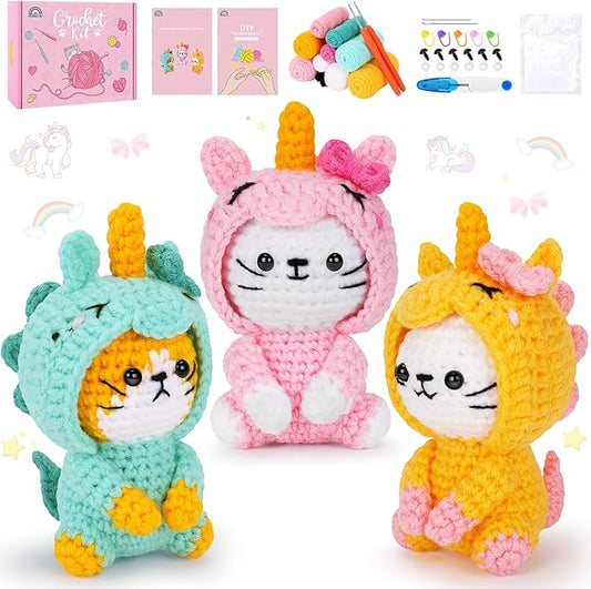 Crochet Kit for Beginners - 3 PCS Unicorn Cat Crochet Kits with Step-by-Step Video Tutorials, Beginner Crochet Kit for Adults Kid, Crochet Animal Kit for Starters, Cat Dressed as Unicorn Set-CubbioJoy