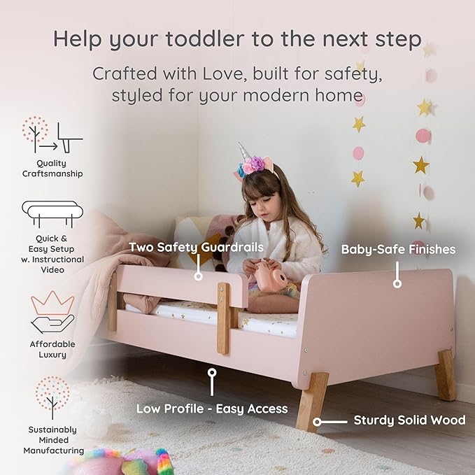 dadada Muse Toddler Bed with 2 Removable Safety Rails. Low Profile Montessori Bed for Kids. Sturdy Solid Wood Frame, Fits Standard Crib Mattress, Easy to Assemble, Toddler Bed for Girls & Boys - Pink-CubbioJoy