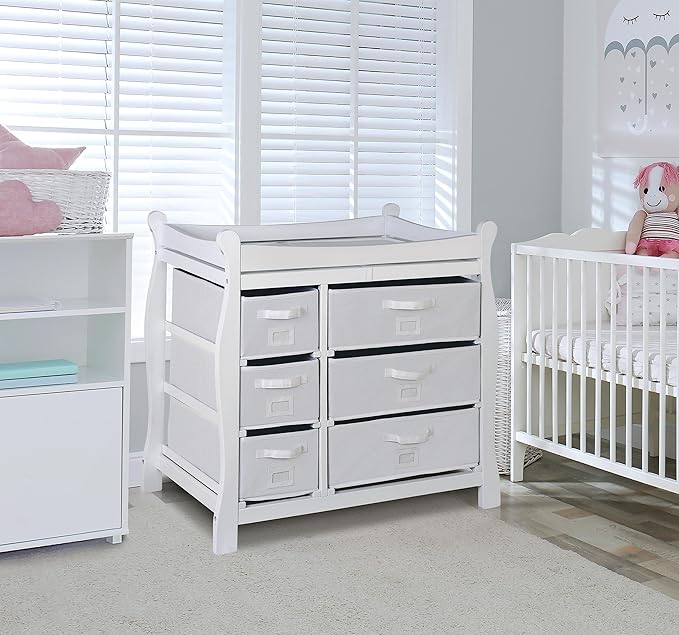 Badger Basket Sleigh Baby Changing Table with 6 Storage Drawers, Cushioned Changing Pad, Nursery Organizer, Sturdy White Wood Furniture for Infant Care-CubbioJoy