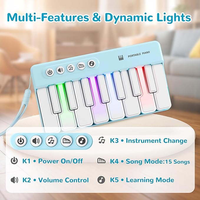 iPlay, iLearn Kids Mini Piano Toy W/Rainbow Lights, Portable Travel Piano Keyboard Toddlers Musical Instrument Learning Toys, Music Interactive Birthday Gift for 2 3 4 5 6 Year Old Boys Children-CubbioJoy