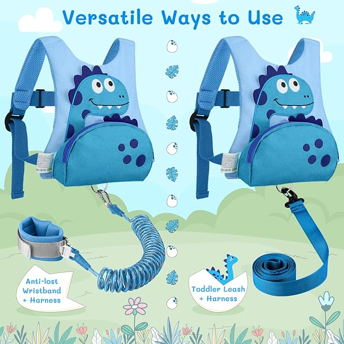 Dr.meter 3 in 1 Toddler Harness Leash + 8.2ft Anti Lost Wrist Link, Cute Dinosaur Kids Safety Harness with Key Lock, Child Walking Harness Assistant Strap for Outdoor Activity Travel-CubbioJoy